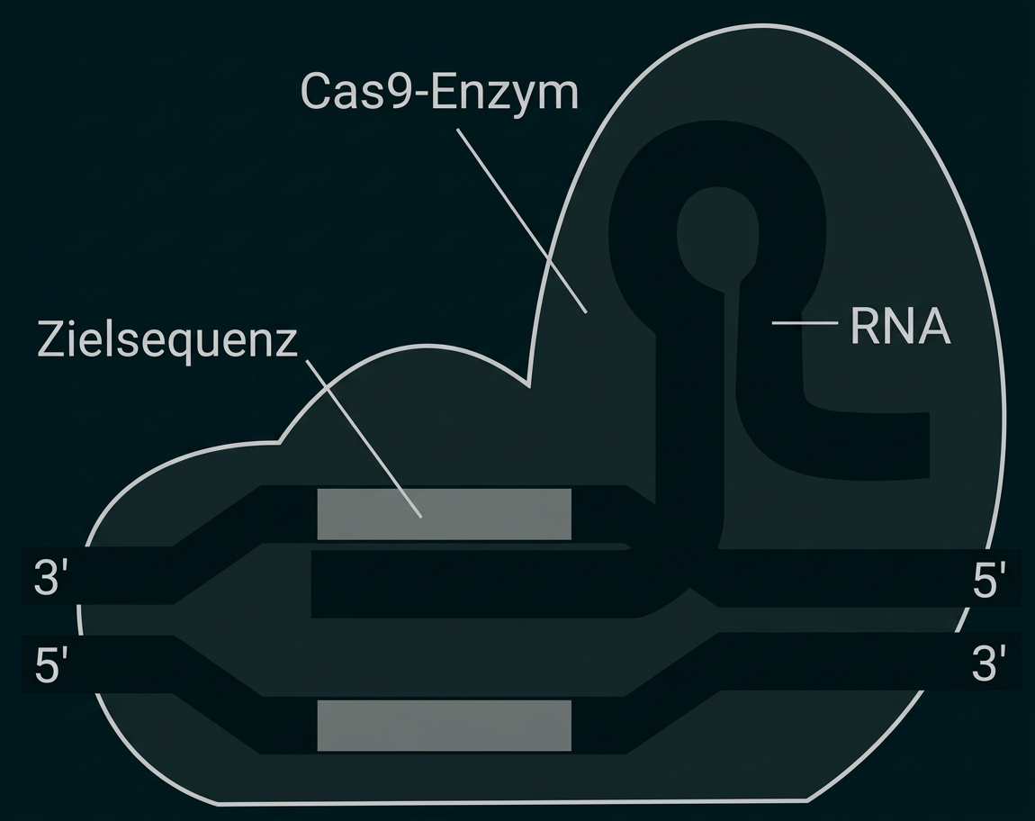Schematische Darstellung des Cas9-Enzyms mit RNA und DNA-Zielsequenz.